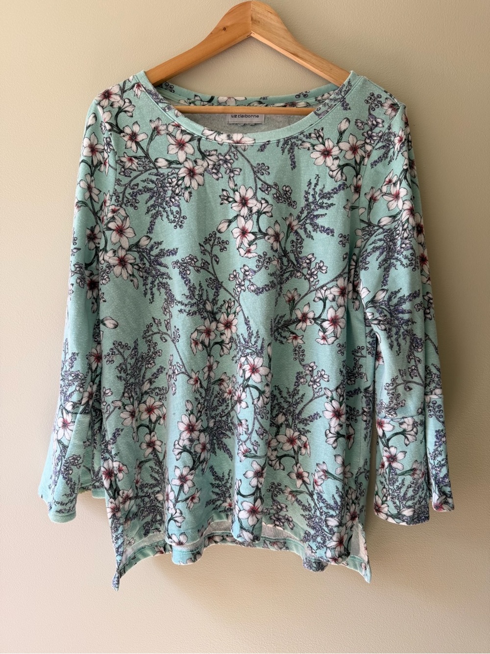 Liz Claiborne Light Blue Floral Long Sleeve Top - Picture 2 of 6